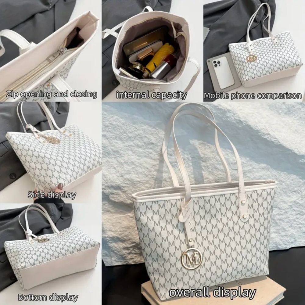 Stylish White Monogram Tote Bag with Gold ‘M’ Charm - Picture 4 of 5